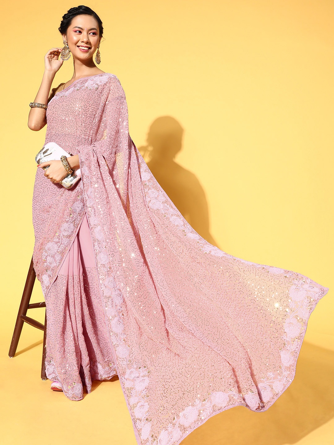 

Mitera Pink Embellished Sequinned Heavy Work Saree