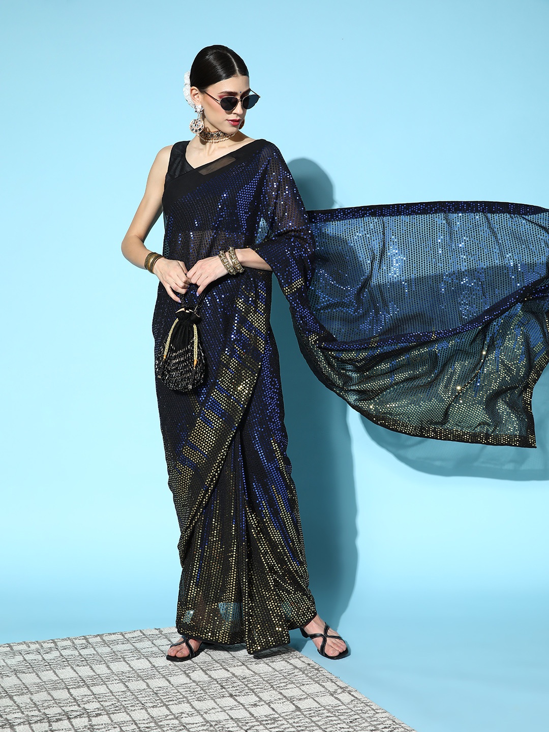 

Mitera Navy Blue & Green Embellished Sequinned Saree