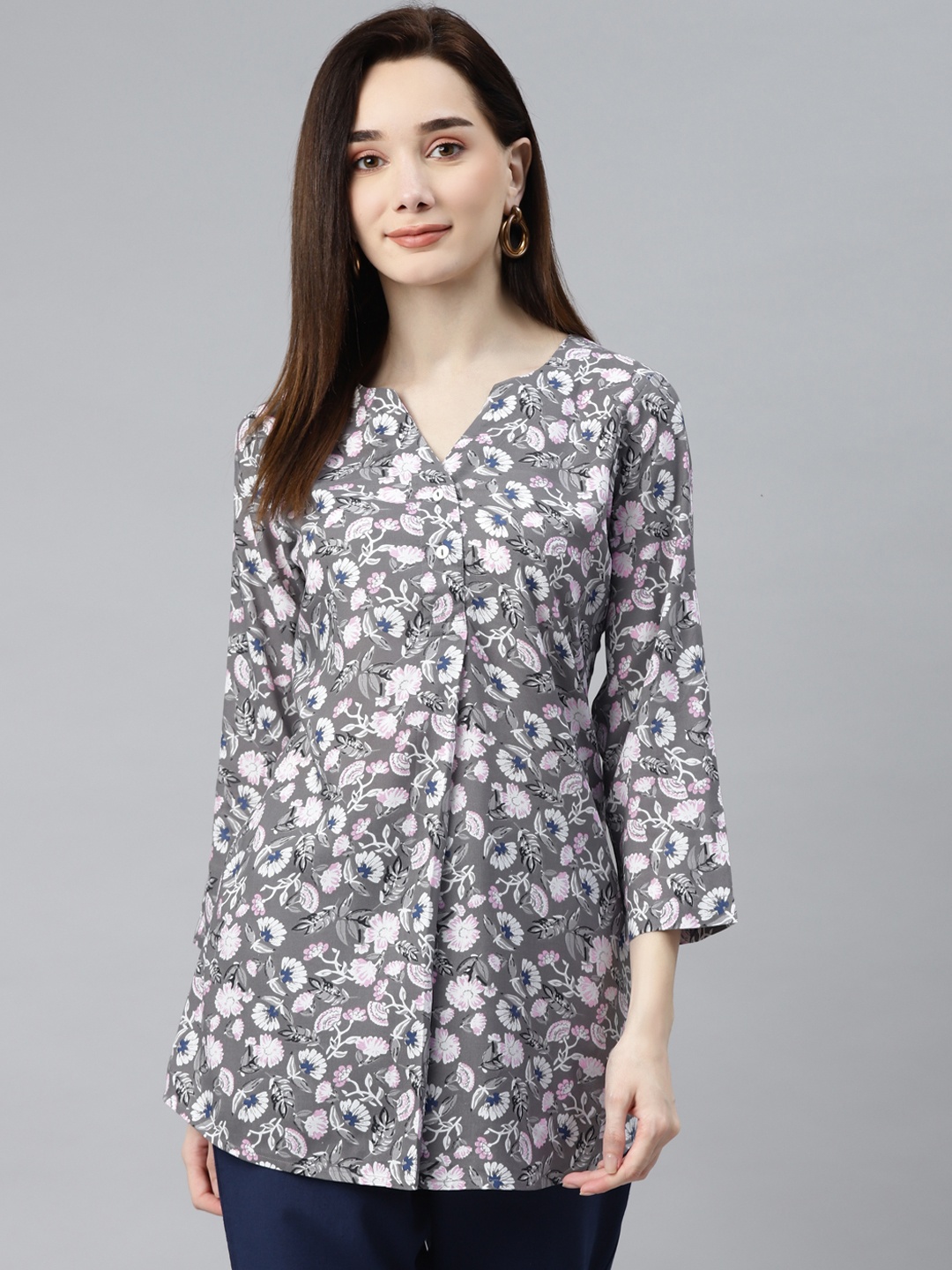

Ayaany Grey & Pink Floral Printed Cotton Tunic