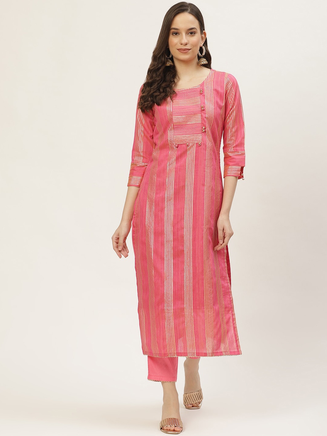

VAABA Women Pink Striped Pleated Kurti with Trousers