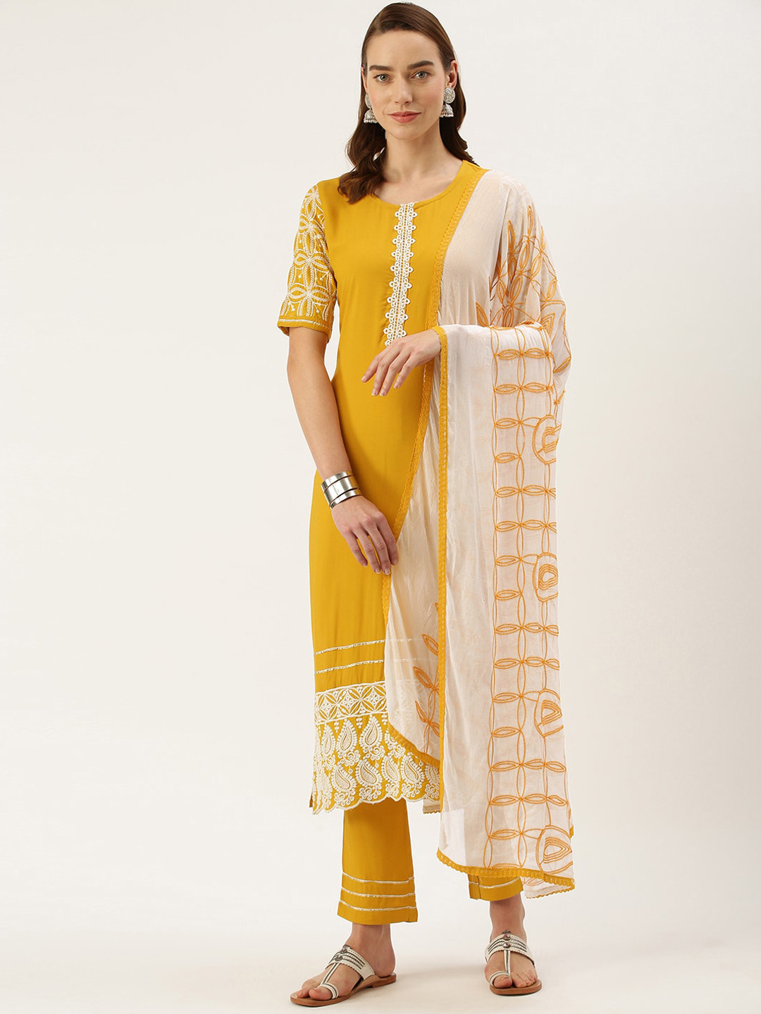 

VAABA Women Mustard Yellow Printed Panelled Kurta with Trousers & With Dupatta