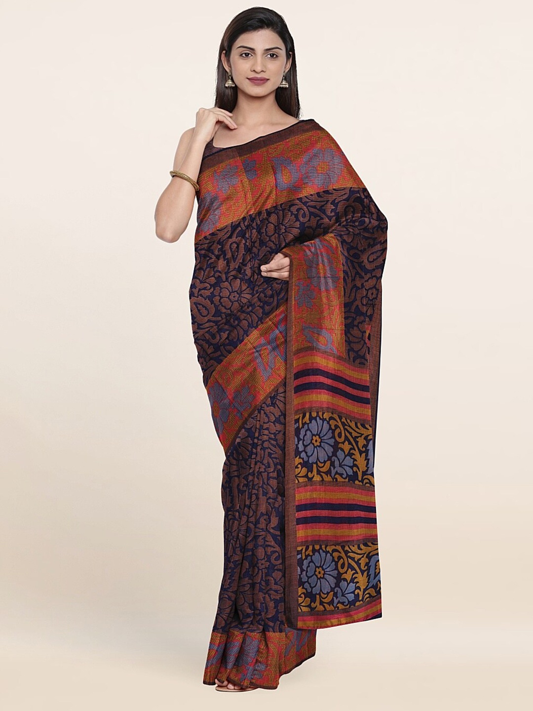 

Pothys Blue & Brown Floral Printed Saree