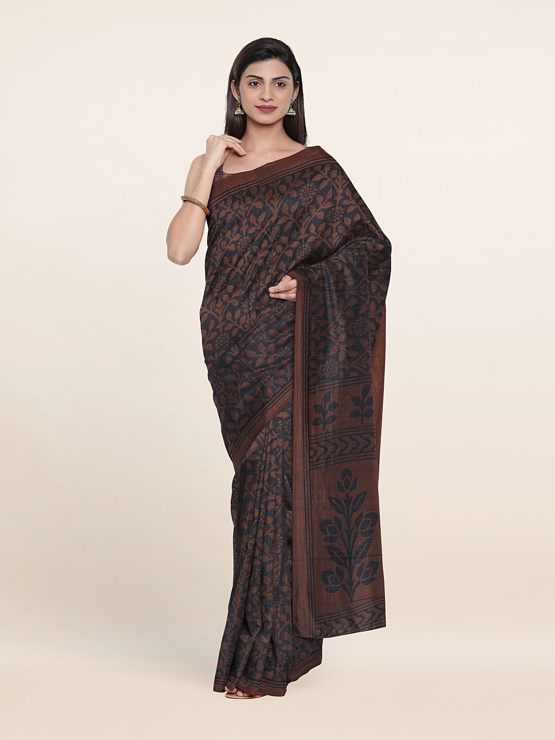 

Pothys Grey & Brown Floral Printed Saree