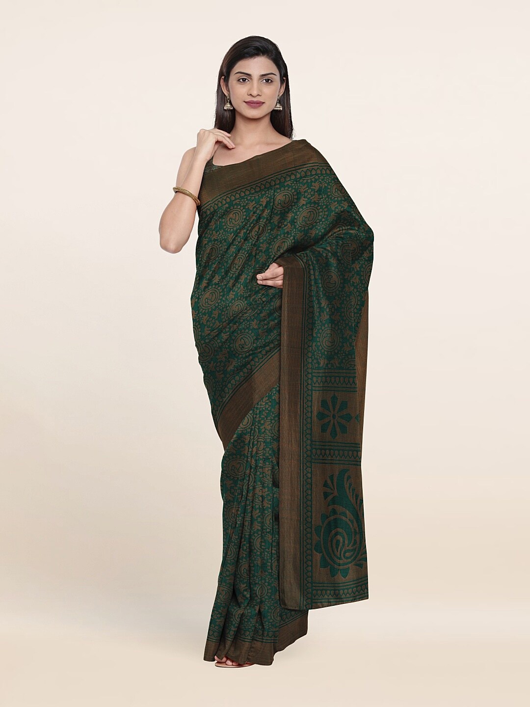 

Pothys Green & Brown Ethnic Motifs Saree