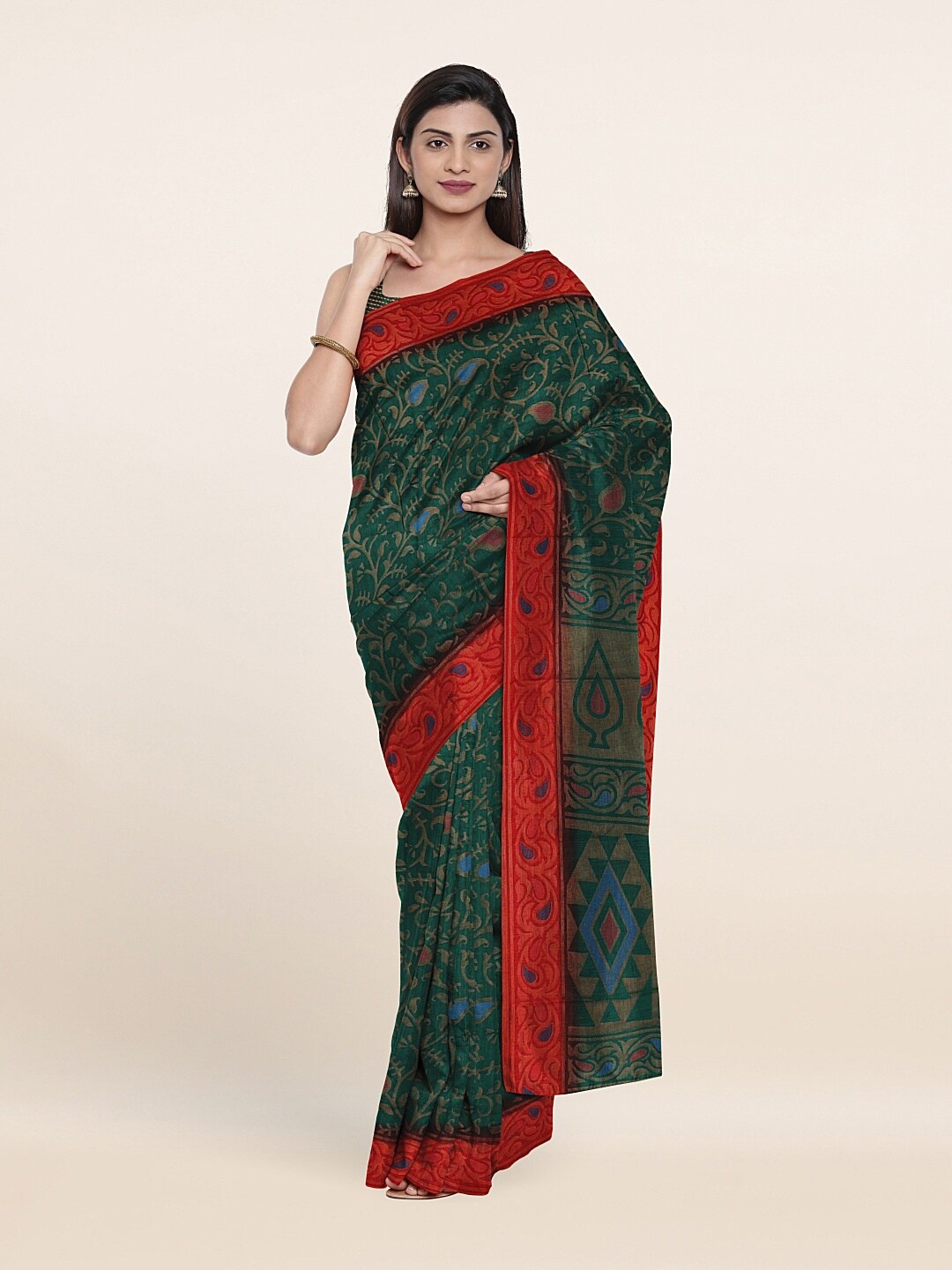 

Pothys Green & Red Ethnic Motifs Saree