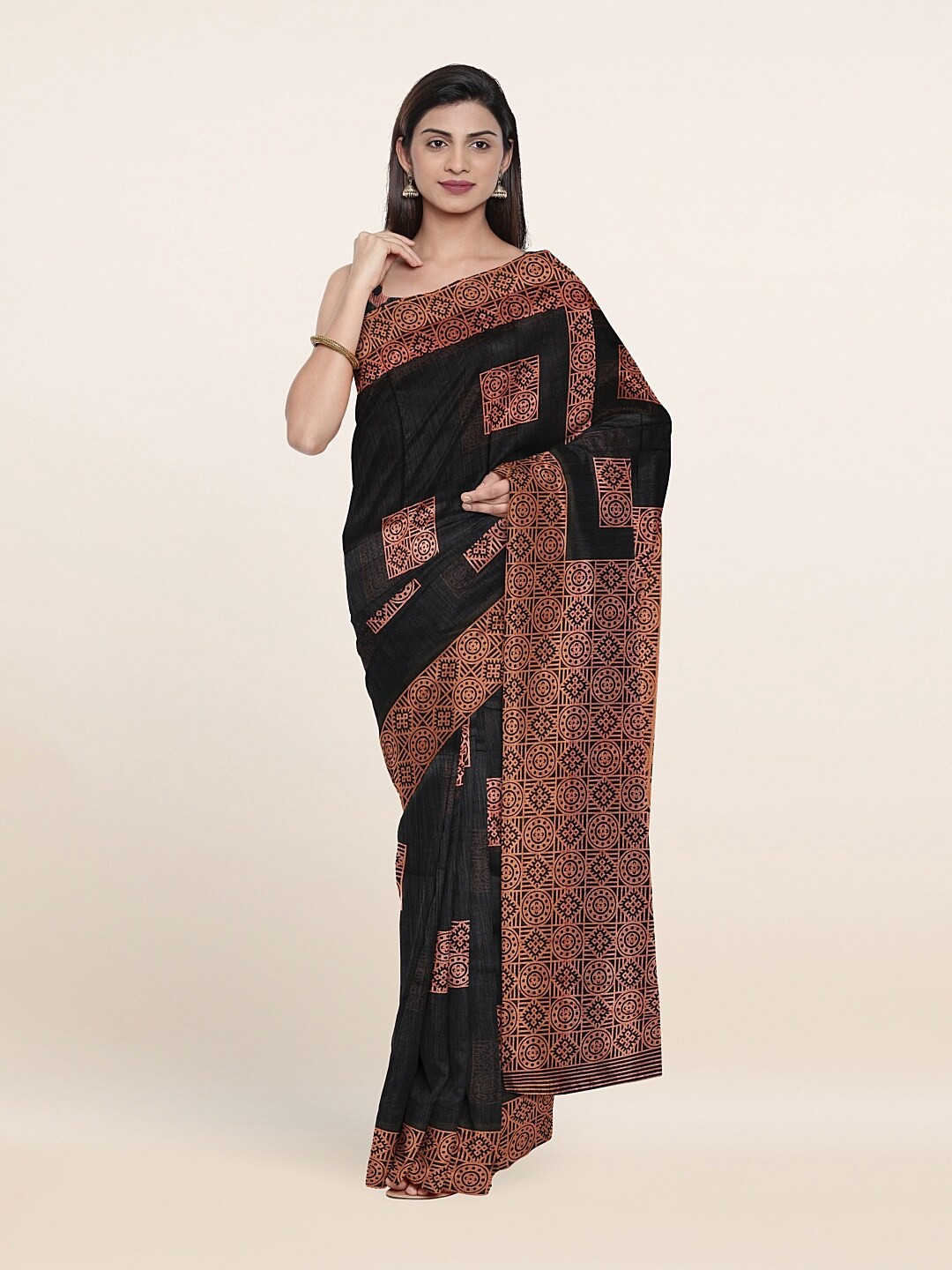 

Pothys Black & Gold-Toned Ethnic Motifs Printed Saree