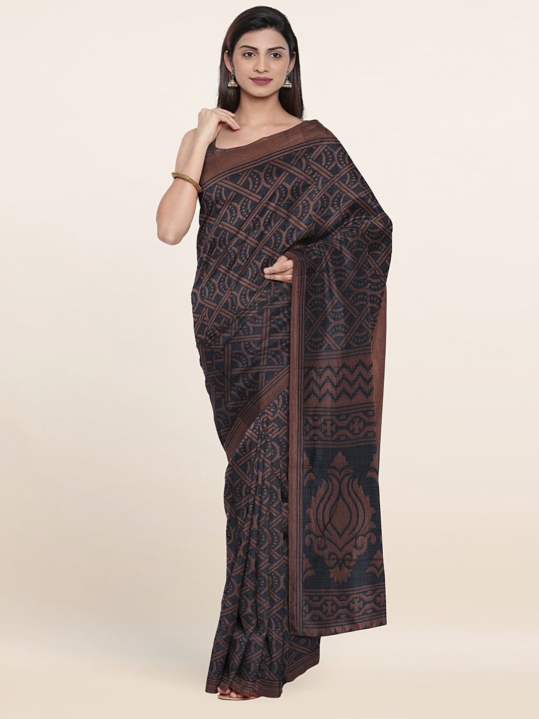 

Pothys Grey & Brown Ethnic Motifs Printed Saree