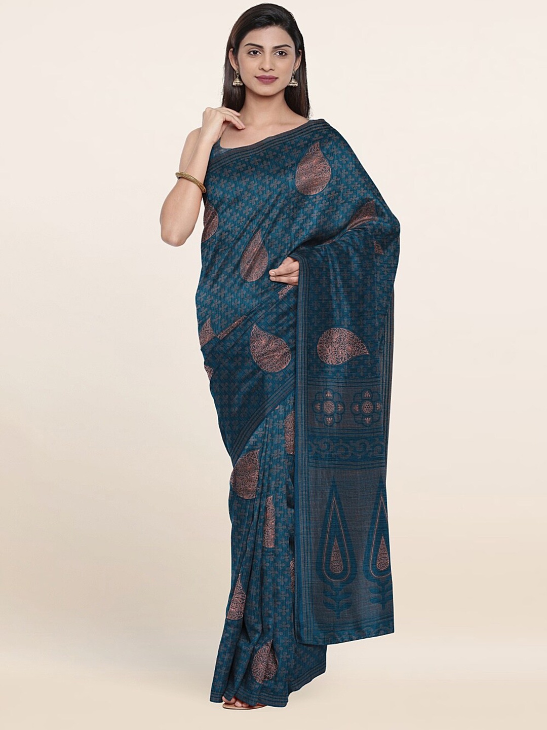 

Pothys Blue & Gold-Toned Floral Printed Saree