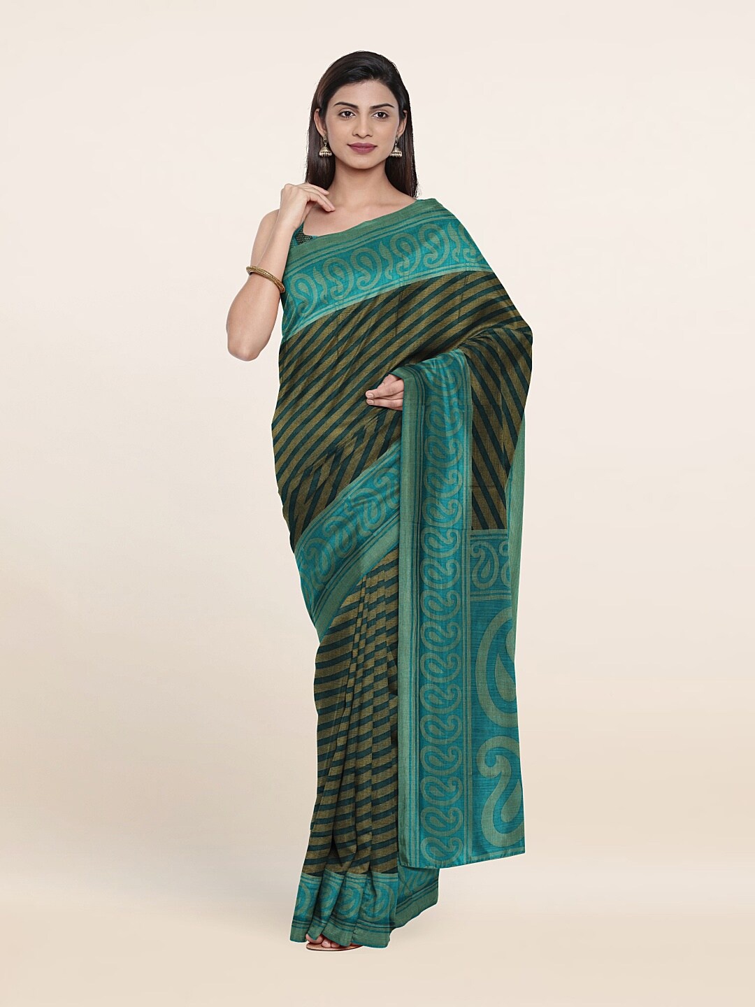 

Pothys Green & Golden Striped Saree