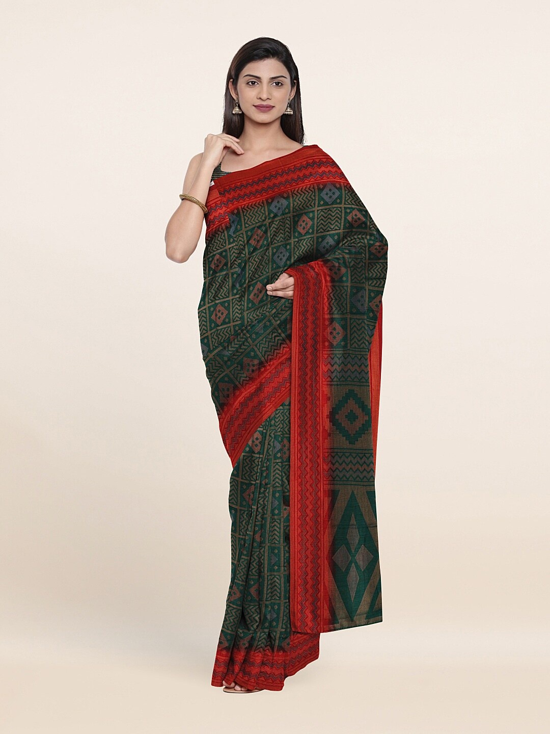 

Pothys Women Cotton Blend Green & Red Saree