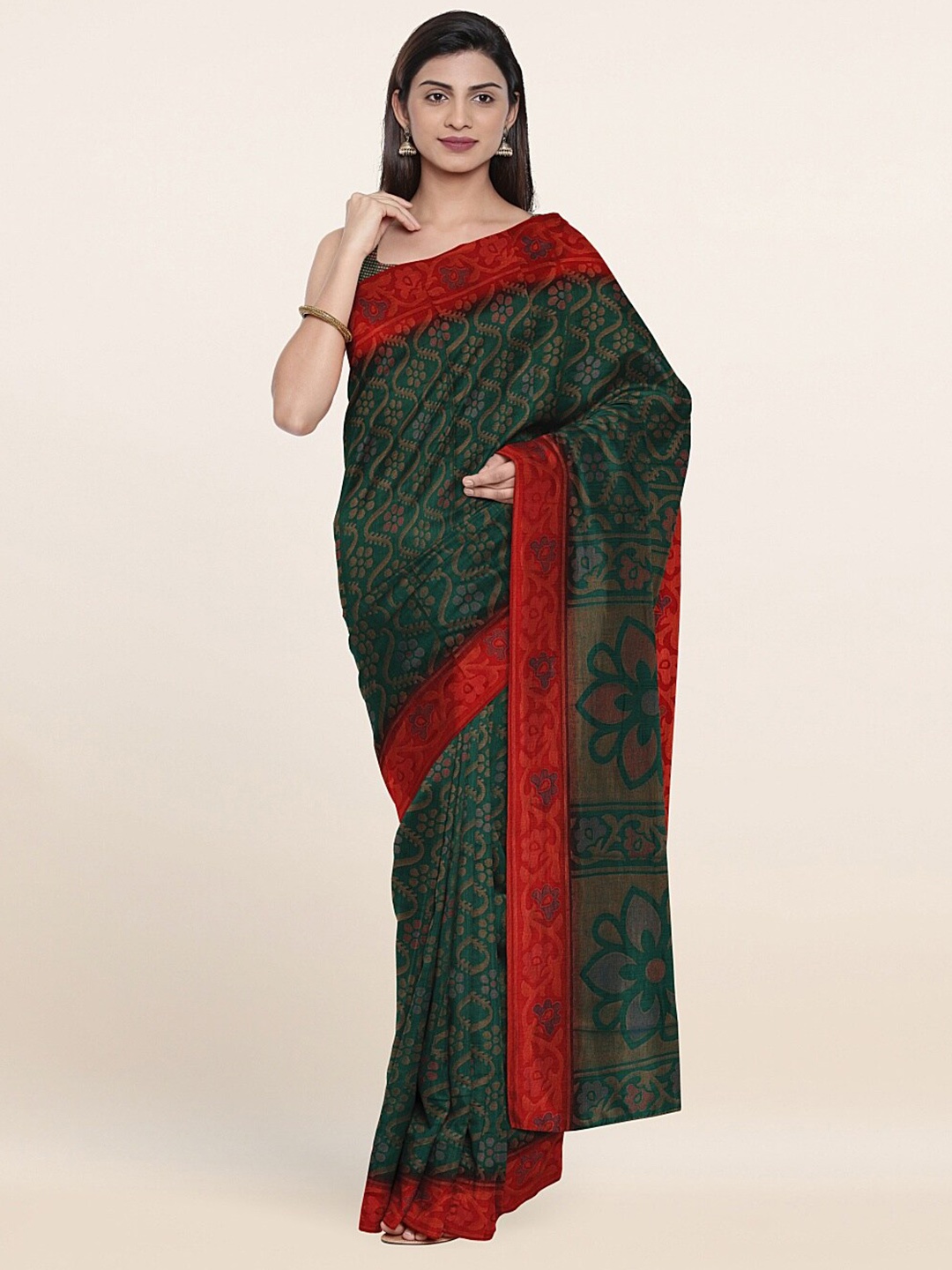 

Pothys Green & Gold-Toned Ethnic Motifs Printed Saree