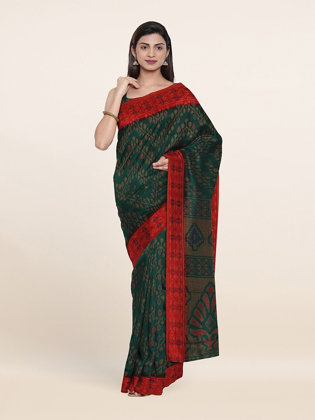

Pothys Green & Red Ethnic Motifs Printed Saree