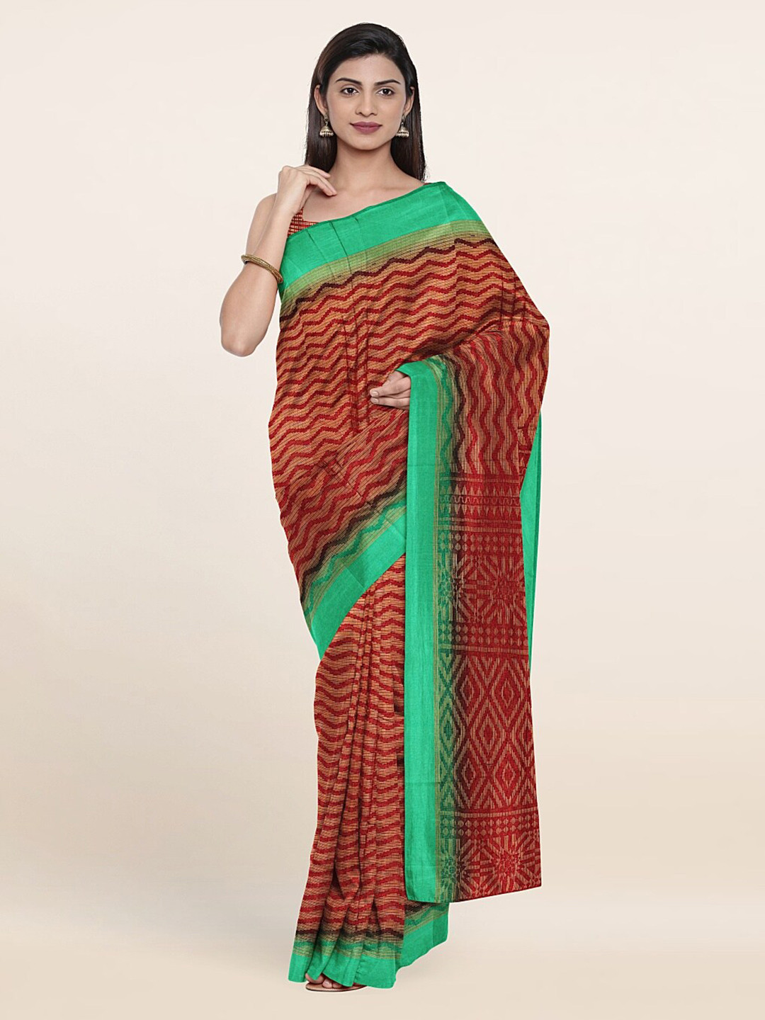 

Pothys Rust & Green Striped Printed Saree