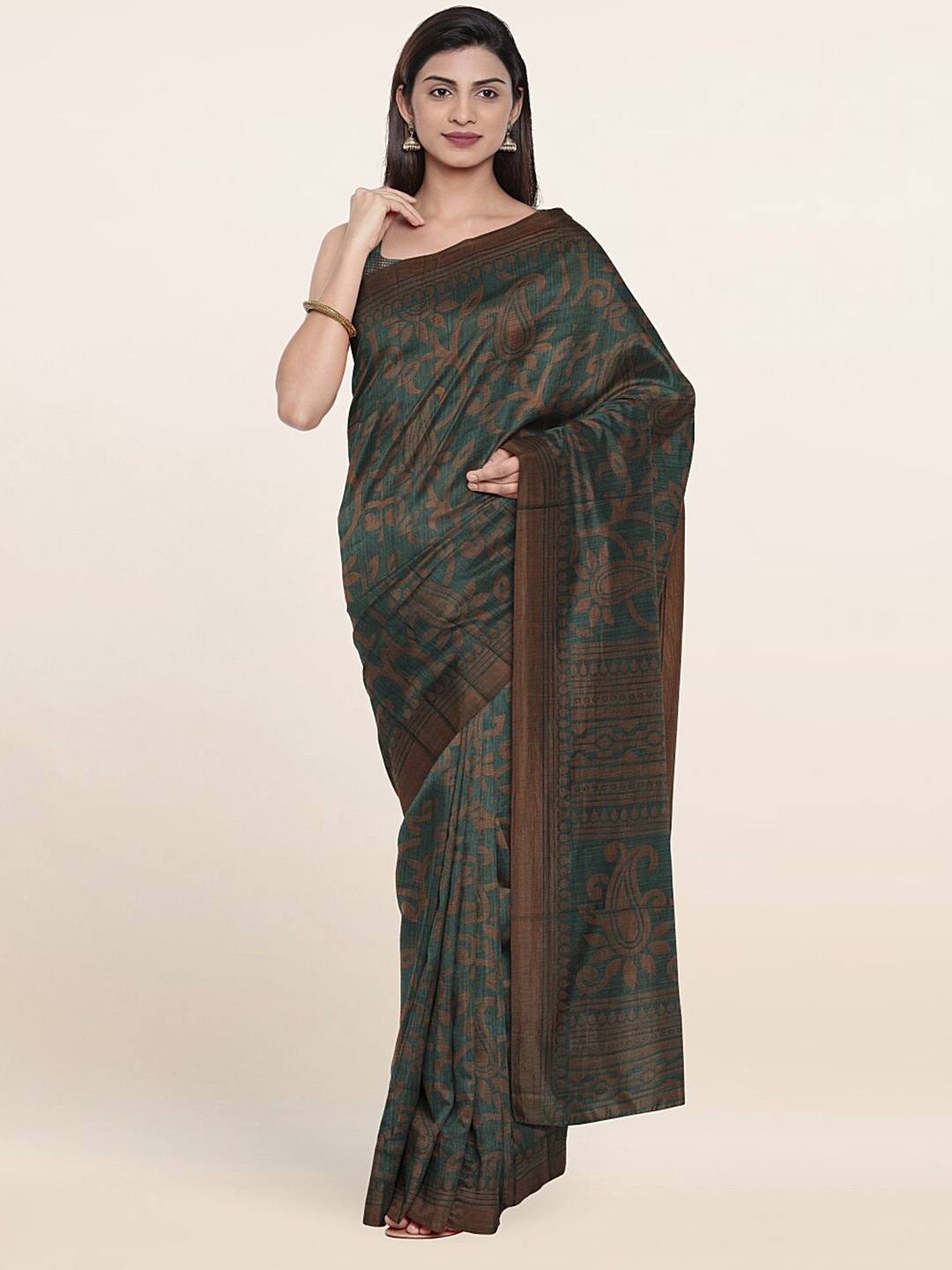 

Pothys Green & Brown Floral Printed Zari Saree