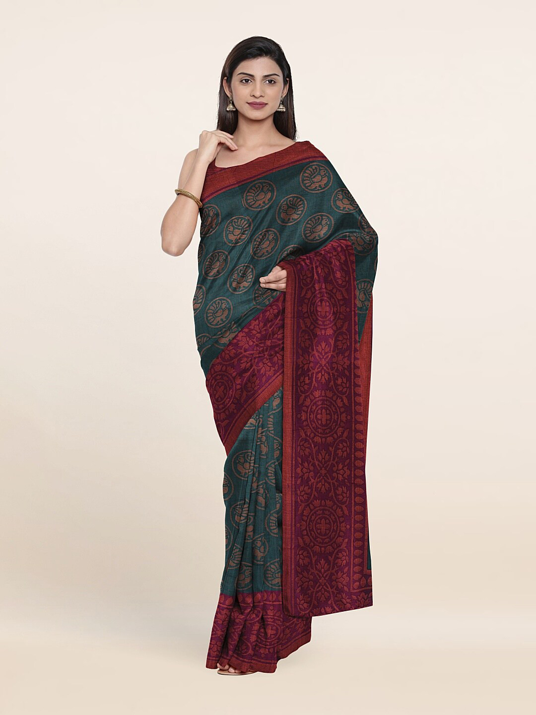 

Pothys Green & Purple Floral Printed Saree