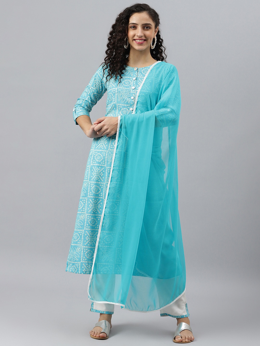 

V TRADITION Women Turquoise Blue Bandhani Printed Kurta with Trousers & Dupatta