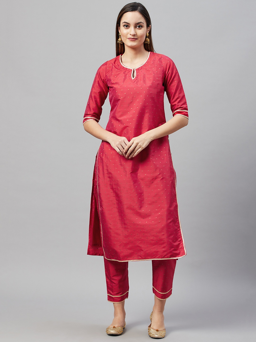 

V TRADITION Women Red & Gold-Toned Ethnic Woven Design Kurta with Trousers
