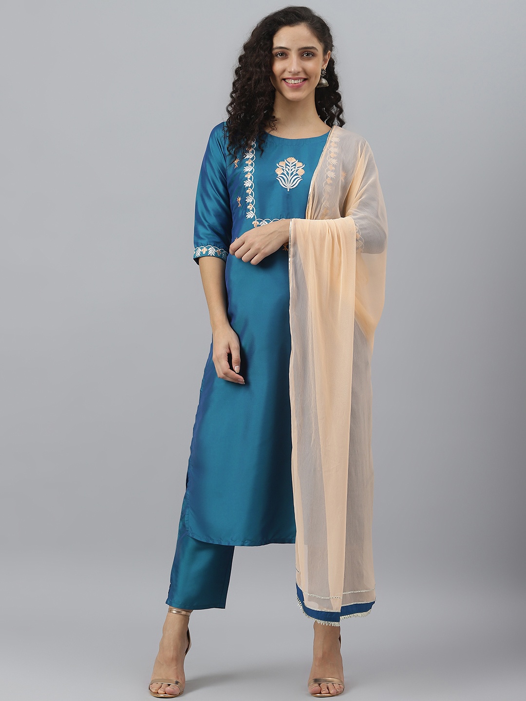 

V TRADITION Women Blue Ethnic Motifs Yoke Design Kurta with Trousers & Dupatta