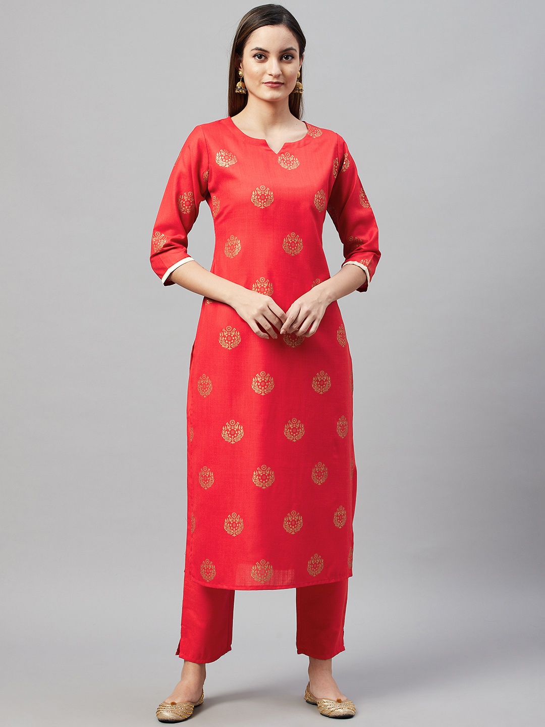 

V TRADITION Women Red & Gold-Toned Ethnic Motifs Print Kurta with Trousers