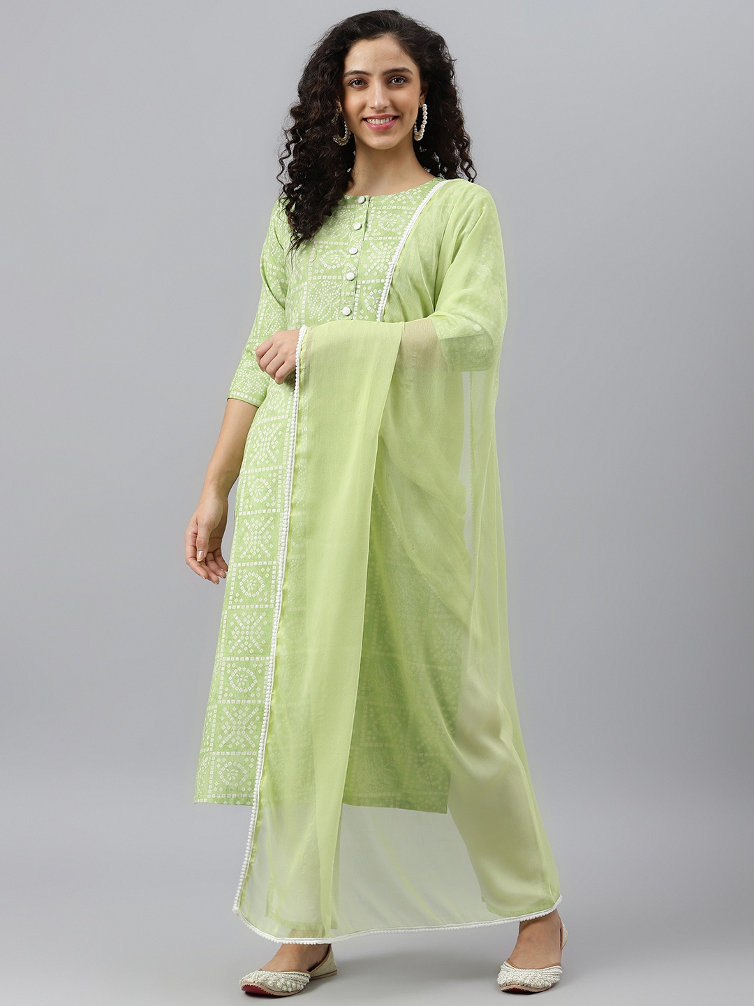 

V TRADITION Women Lime Green Bandhani Printed Kurta with Trousers & Dupatta