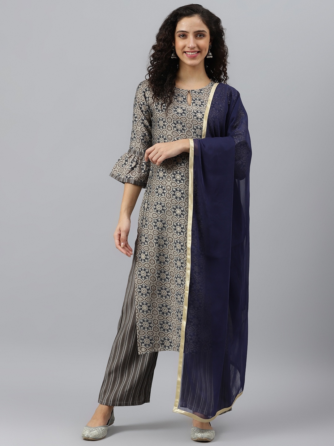 

V TRADITION Women Grey Ethnic Motifs Printed Kurta with Palazzos & Dupatta