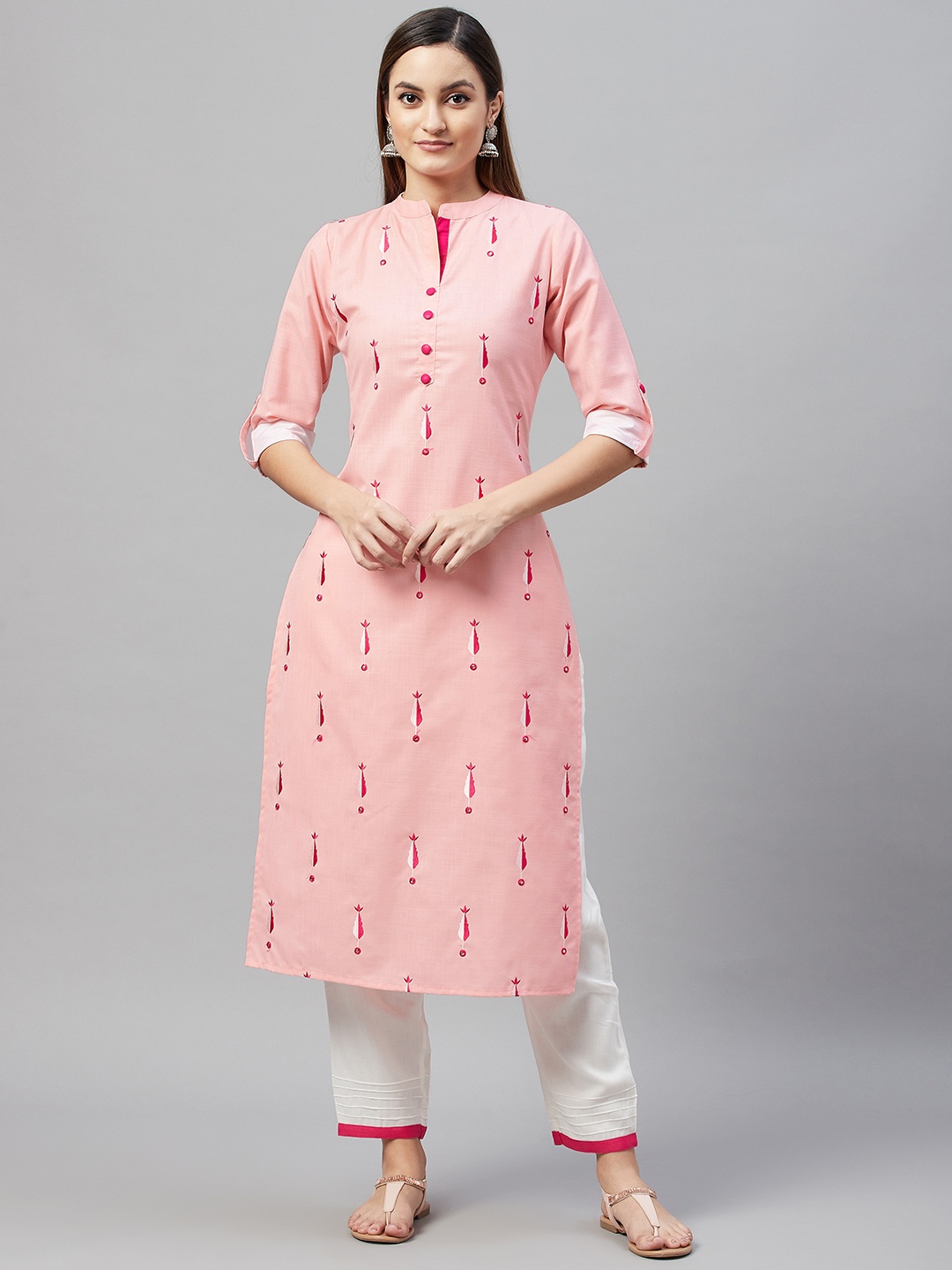 

V TRADITION Women Pink & White Thread Work Embroidered Kurta with Trousers