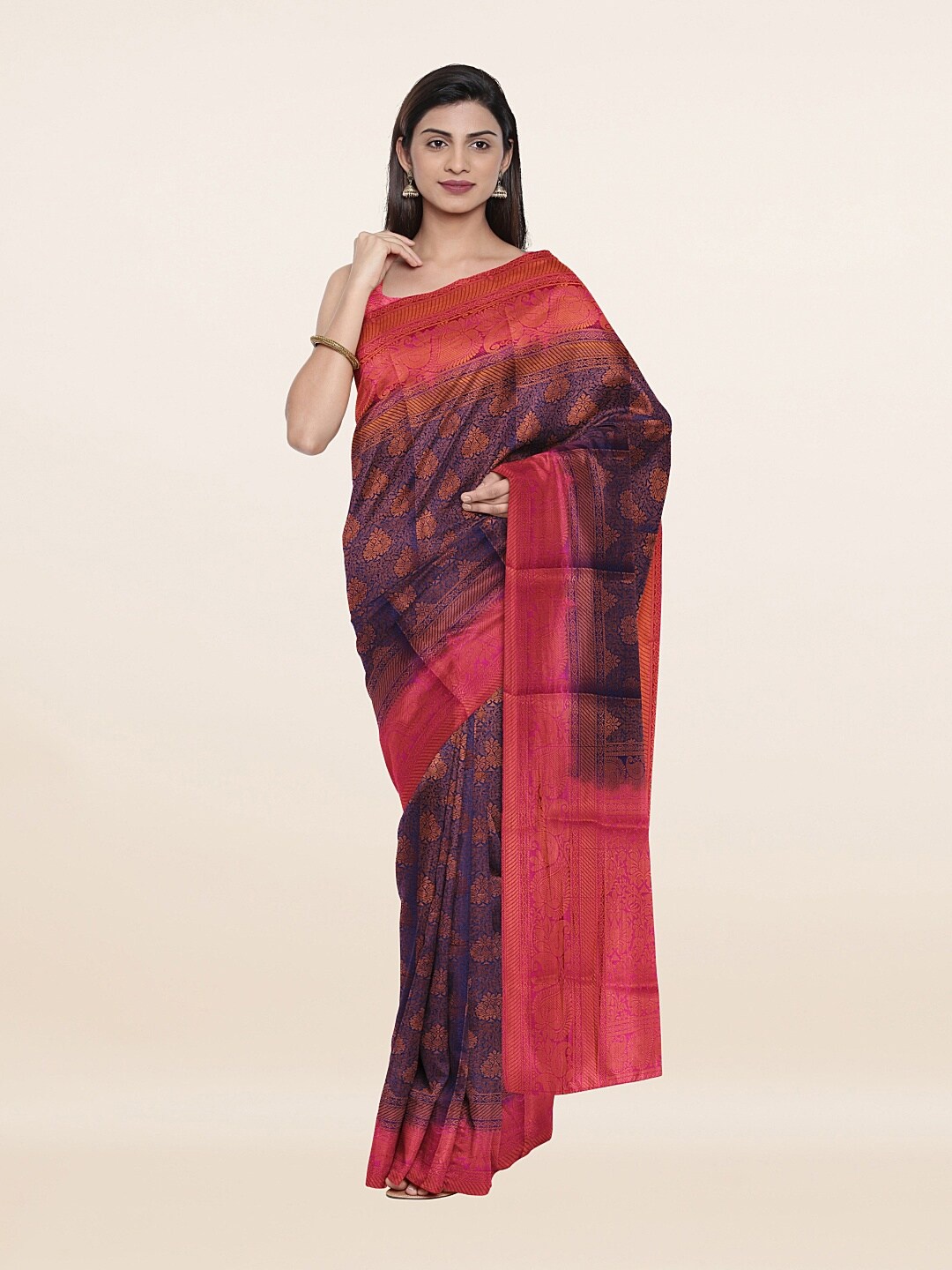

Pothys Blue & Pink Floral Zari Art Silk Saree