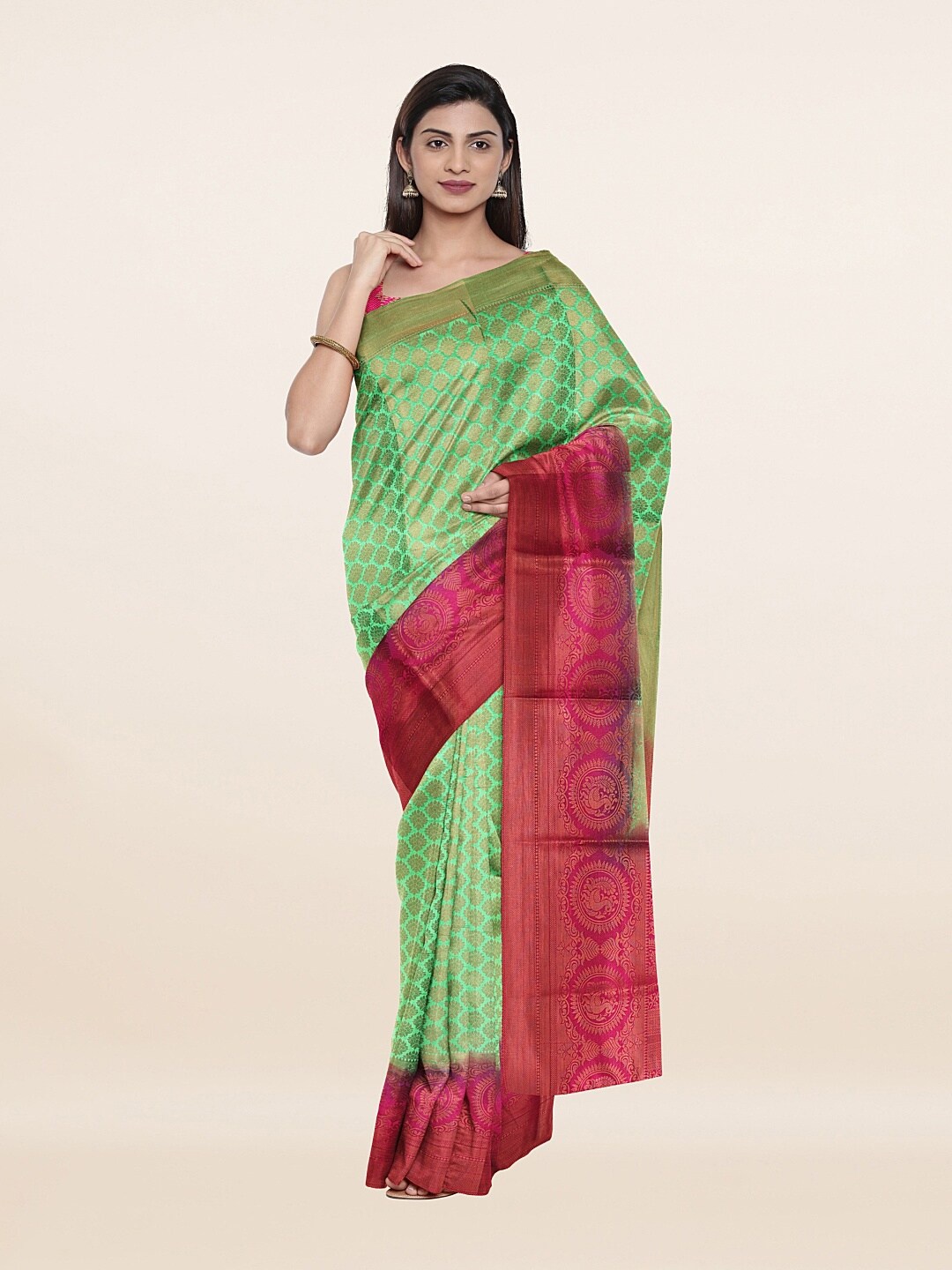 

Pothys Green & Pink Ethnic Motifs Zari Art Silk Banarasi Saree