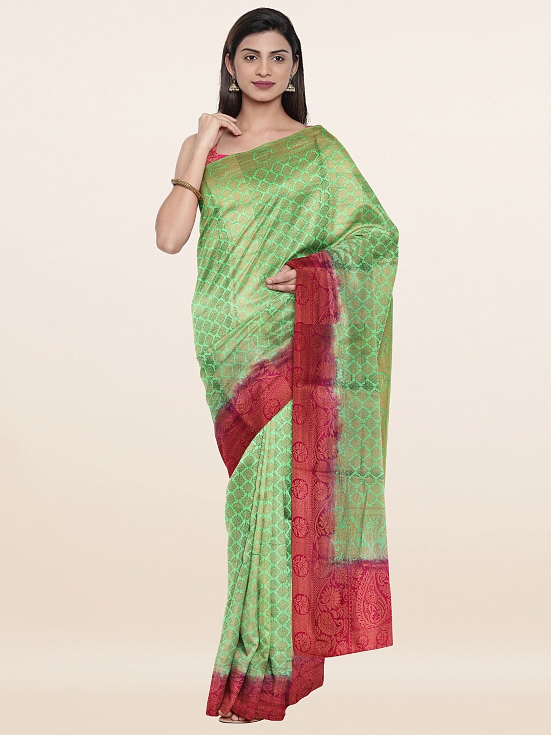 

Pothys Green & Magenta Floral Art Silk Banarasi Saree