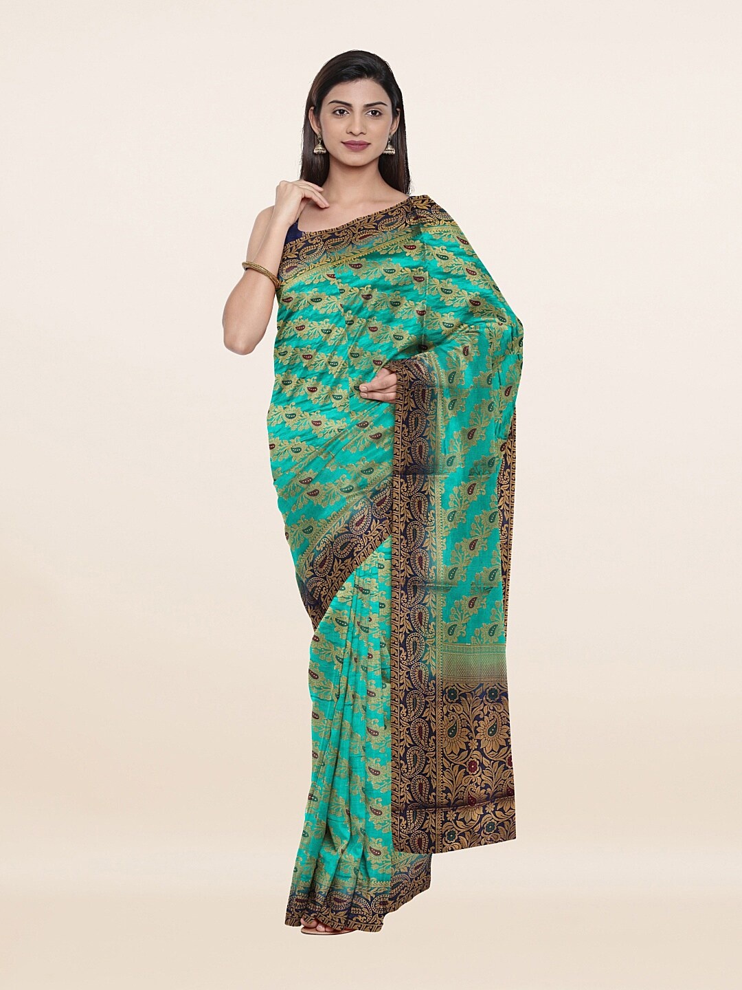 

Pothys Green & Navy Blue Ethnic Motifs Zari Art Silk Banarasi Saree