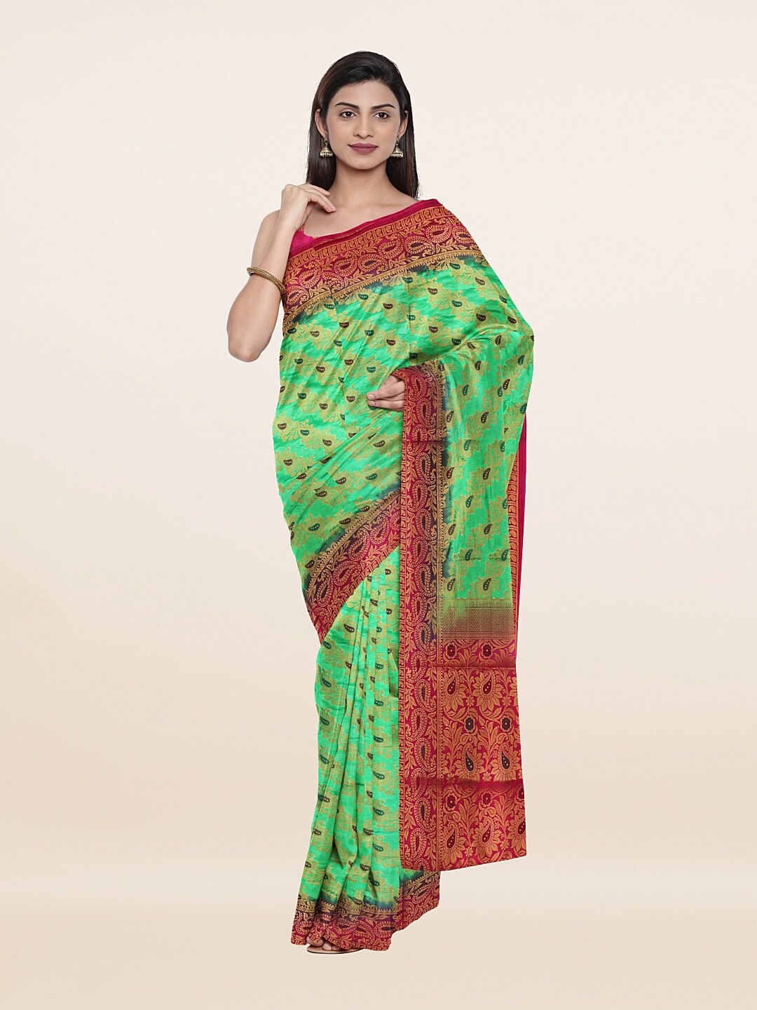 

Pothys Green & Red Ethnic Motifs Art Silk Banarasi Saree
