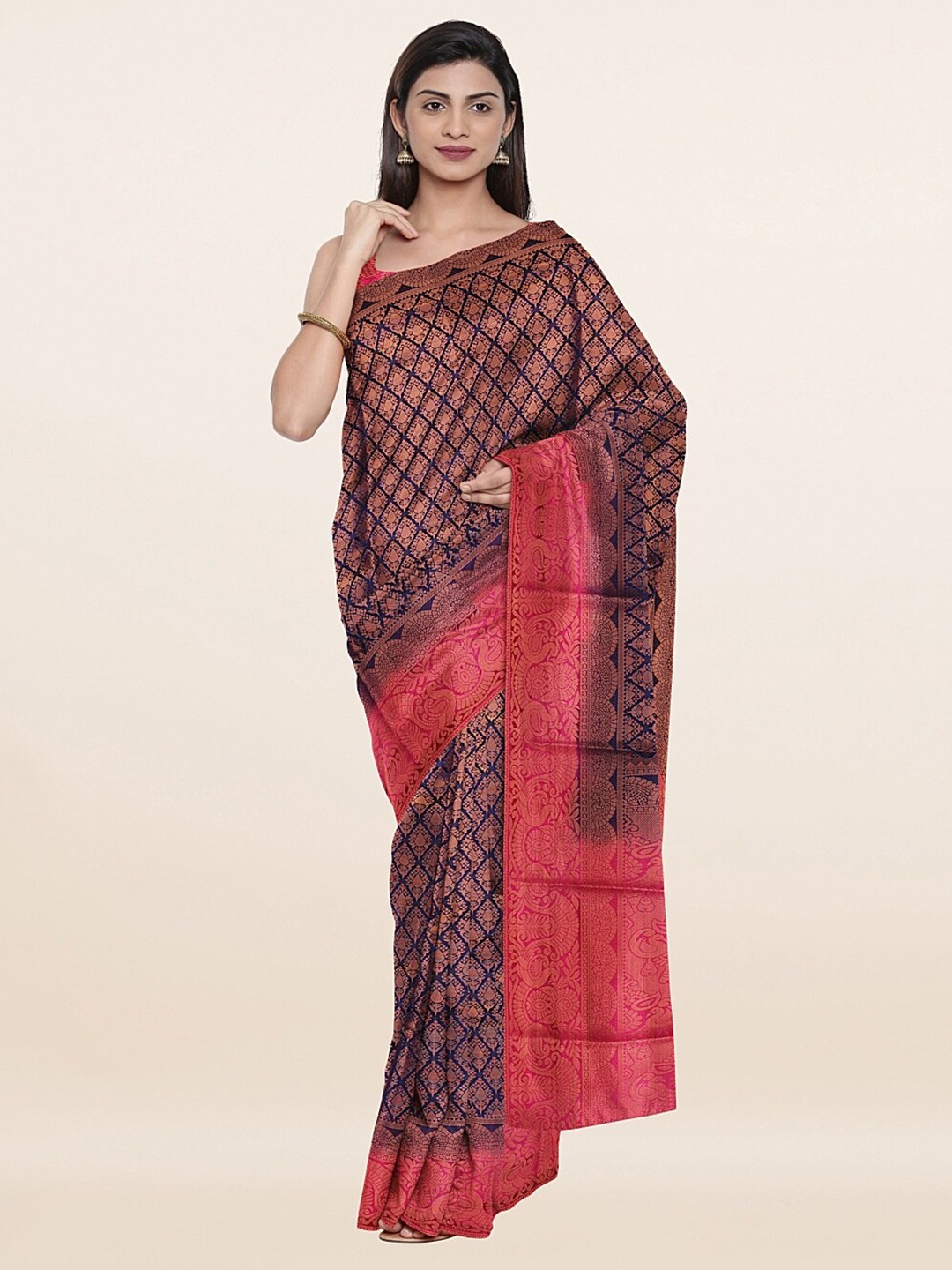 

Pothys Blue & Pink Ethnic Motifs Zari Art Silk Banarasi Saree