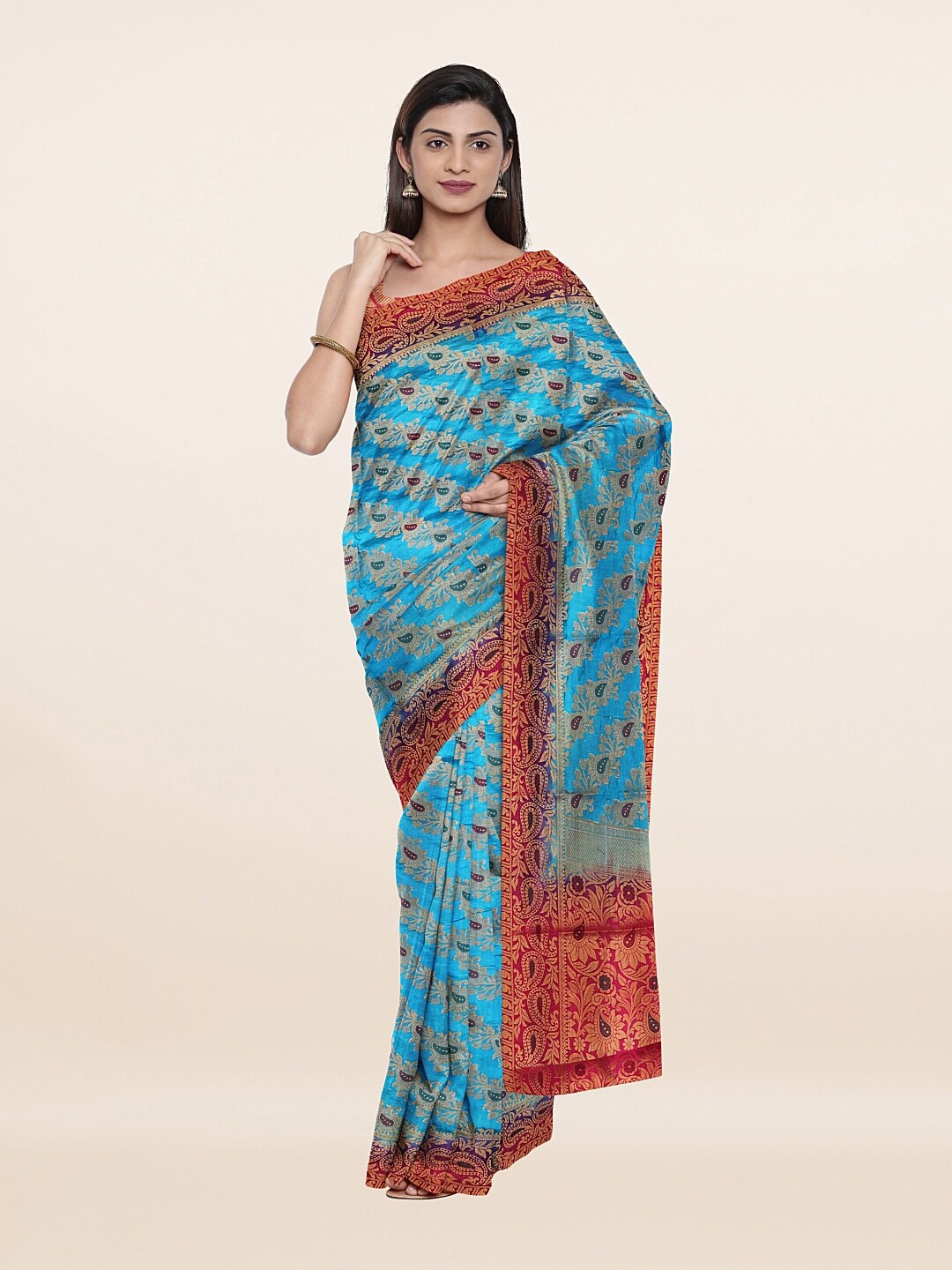 

Pothys Blue & Red Woven Design Zari Art Silk Saree