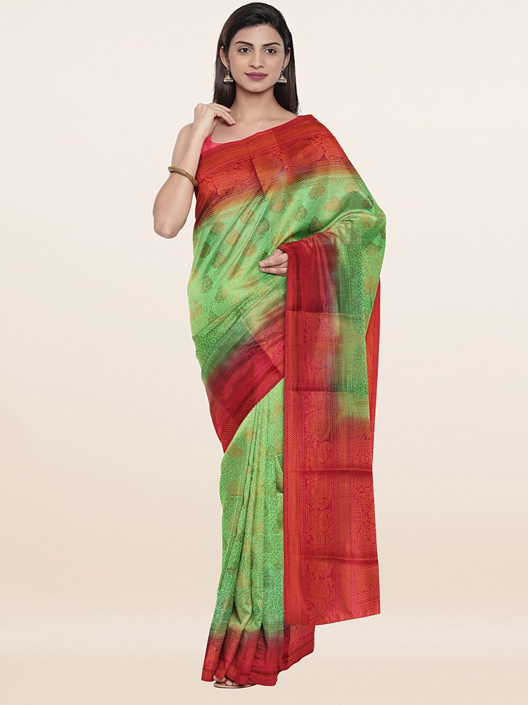 

Pothys Green & Red Floral Art Silk Banarasi Saree