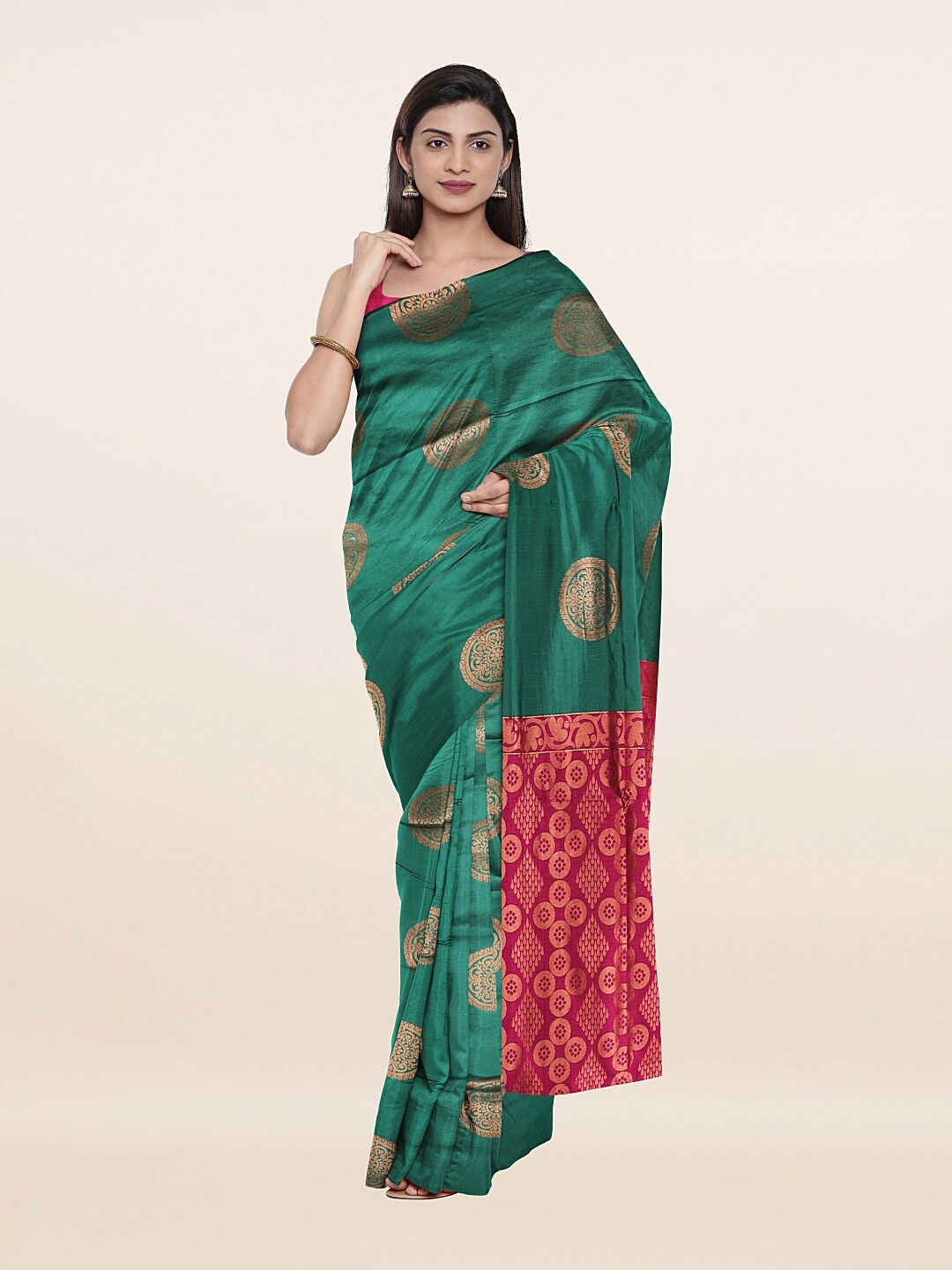 

Pothys Green & Magenta Ethnic Motifs Woven Zari Saree