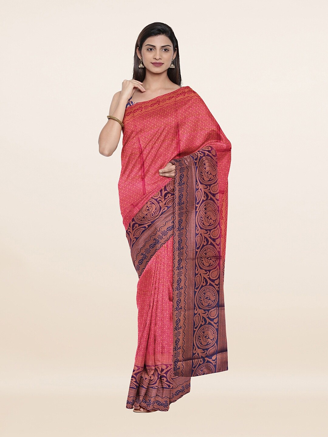 

Pothys Pink & Navy Blue Checked Art Silk Banarasi Saree