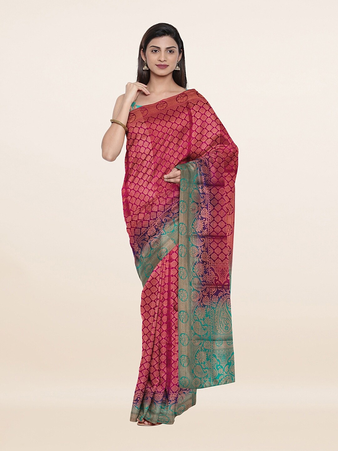 

Pothys Purple & Gold-Toned Floral Zari Art Silk Saree