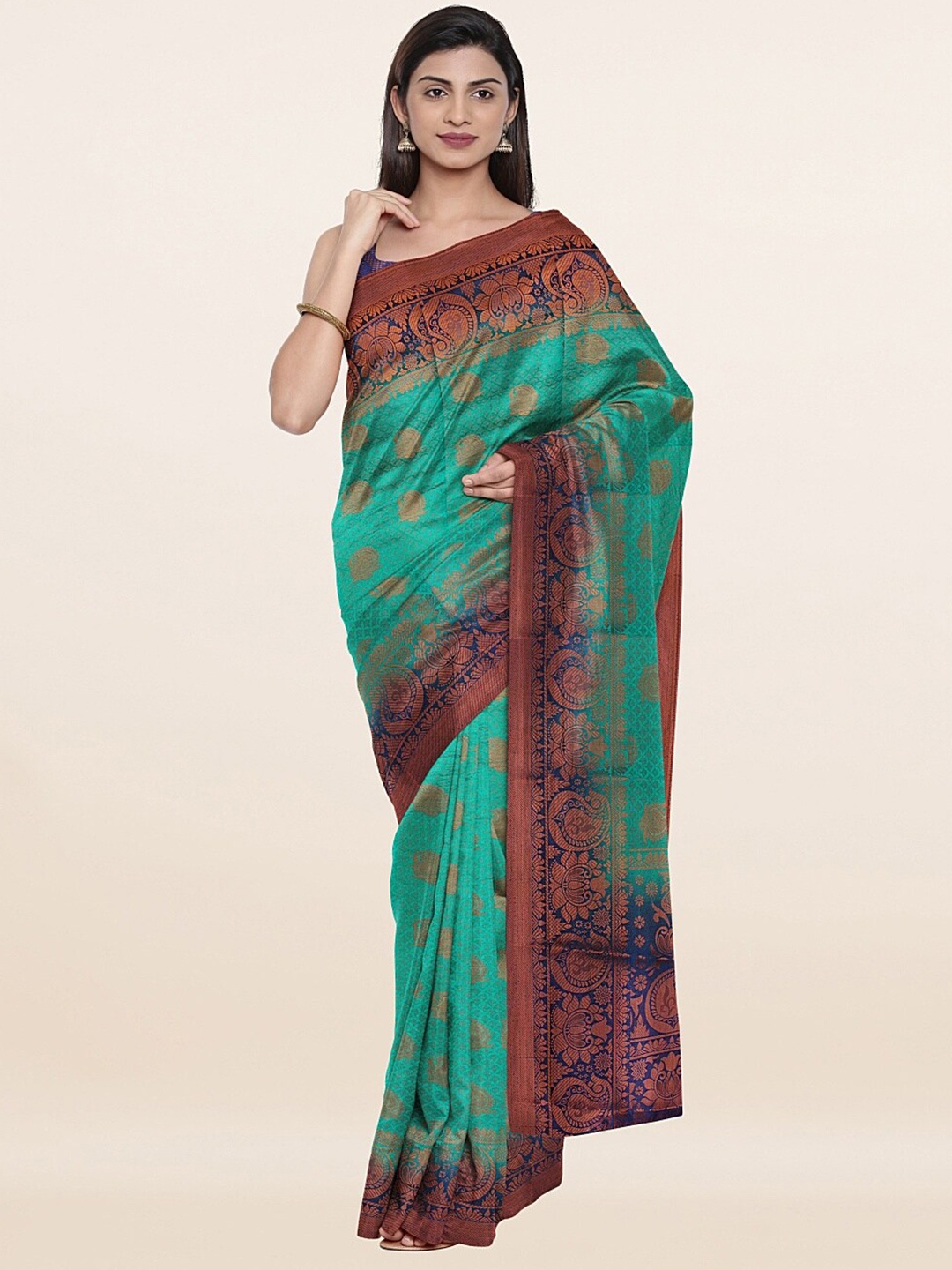 

Pothys Green & Gold-Toned Floral Zari Art Silk Saree