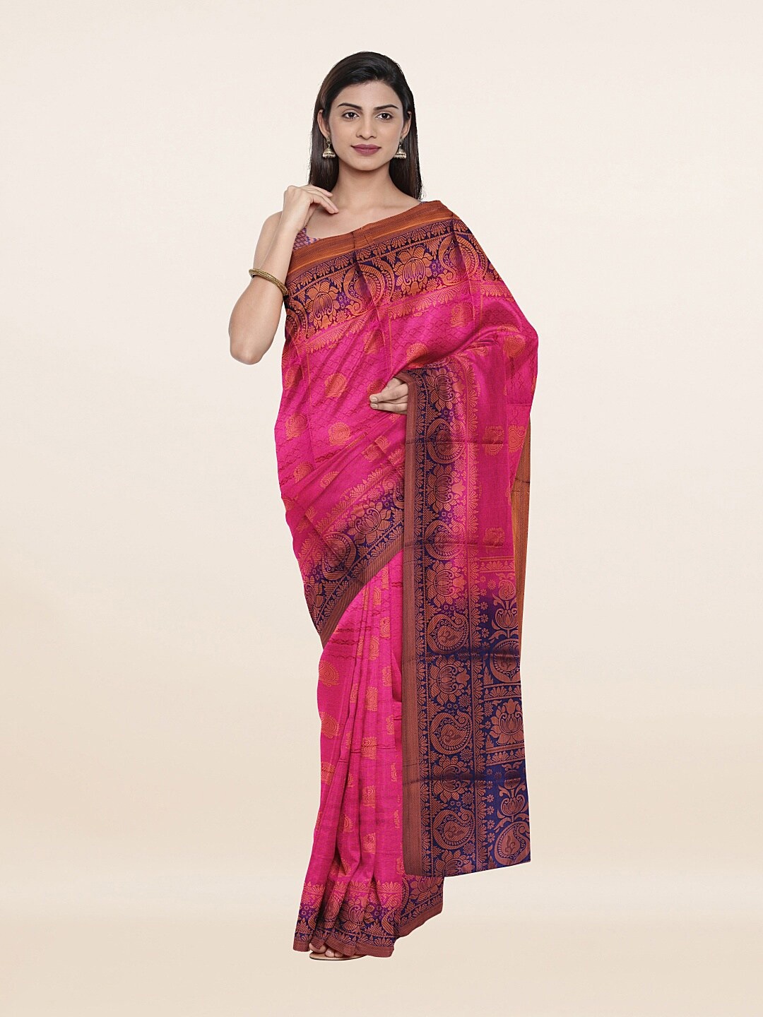 

Pothys Magenta & Navy Blue Ethnic Motifs Zari Art Silk Banarasi Saree