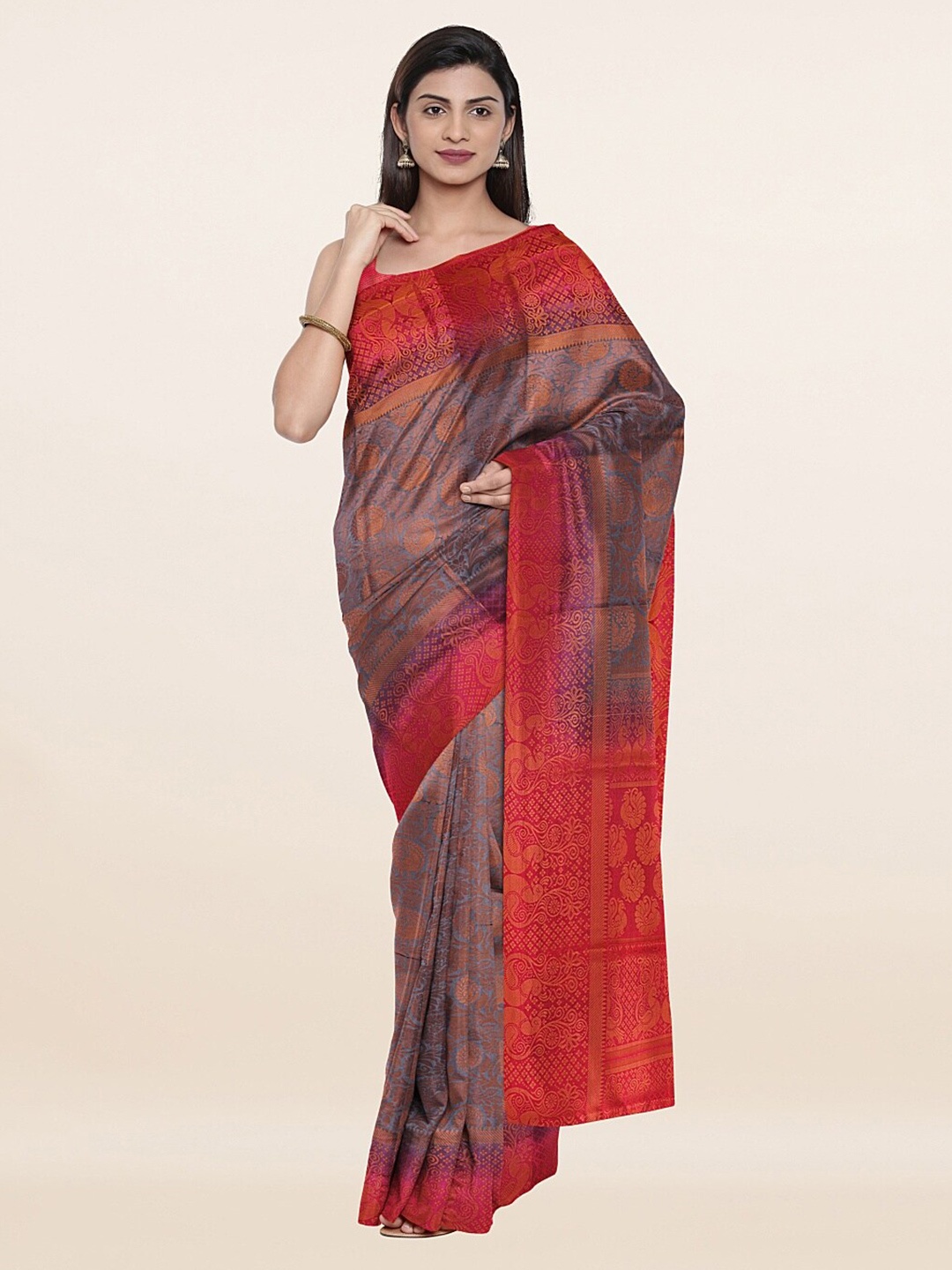 

Pothys Grey & Red Floral Zari Art Silk Saree