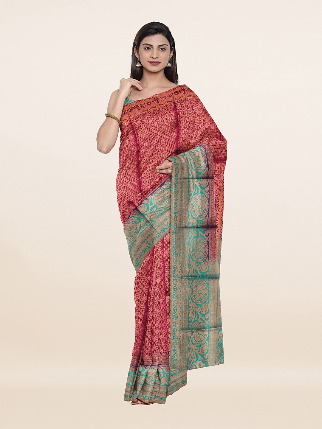 

Pothys Purple & Sea Green Ethnic Motifs Zari Art Silk Banarasi Saree