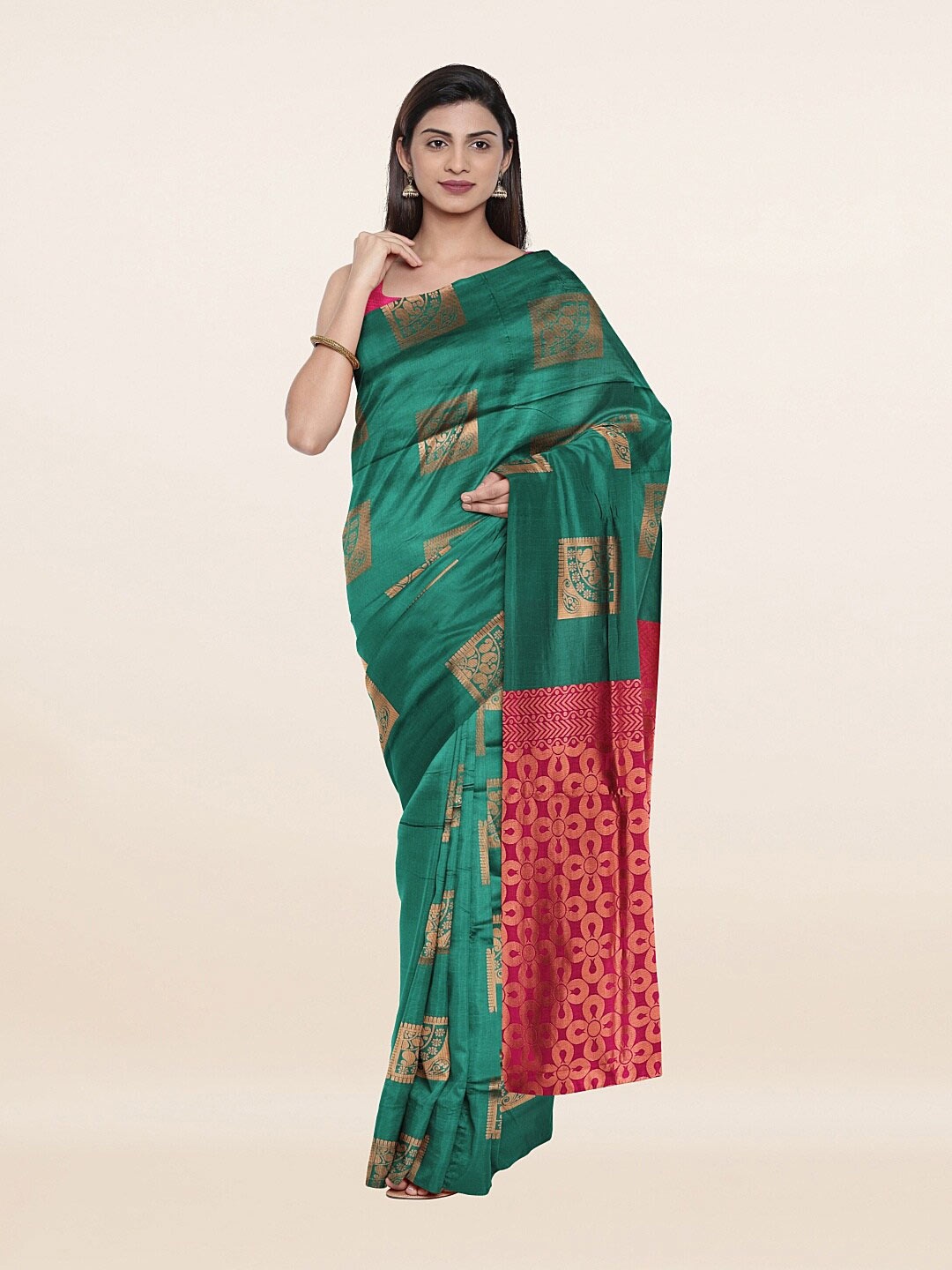 

Pothys Green & Magenta Ethnic Motifs Zari Saree