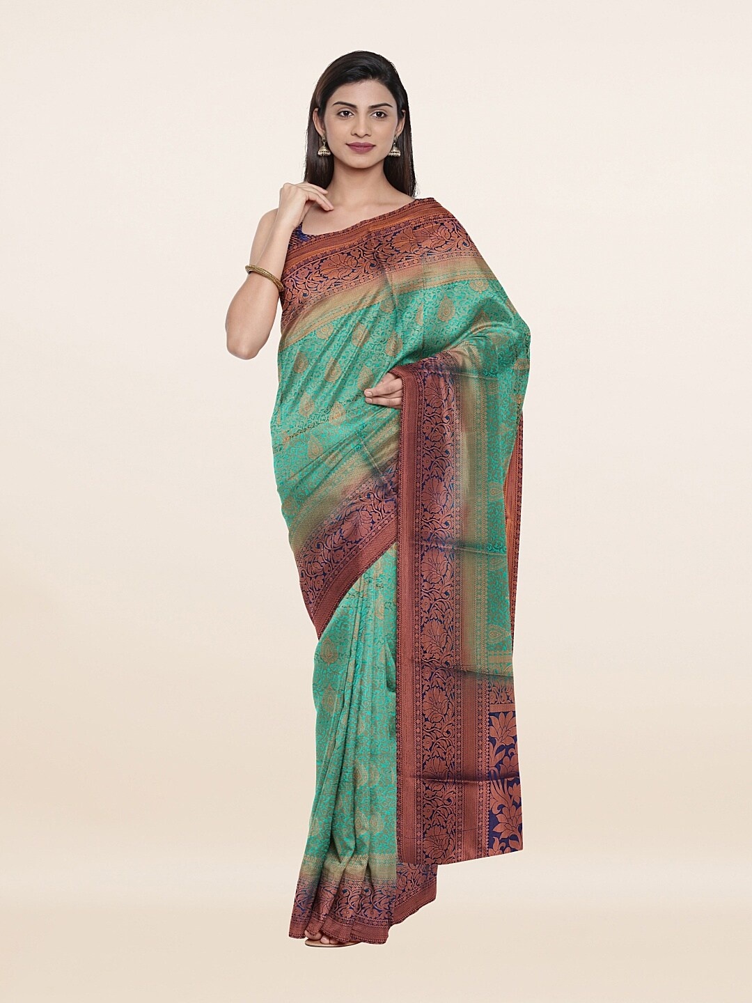 

Pothys Green & Gold-Toned Woven Design Art Silk Banarasi Saree