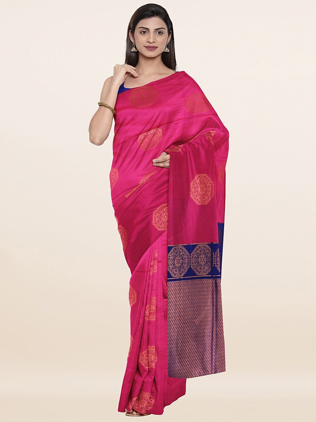 

Pothys Pink & Blue Ethnic Motifs Woven Zari Saree