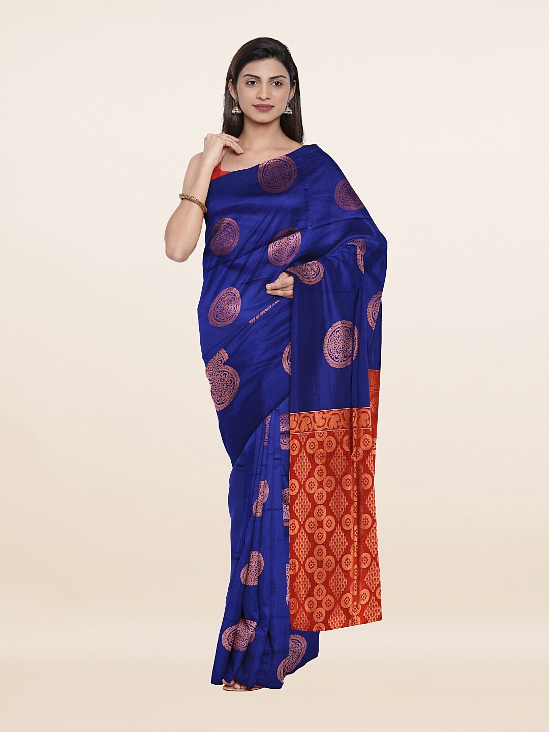 

Pothys Blue & Gold-Toned Ethnic Motifs Zari Saree