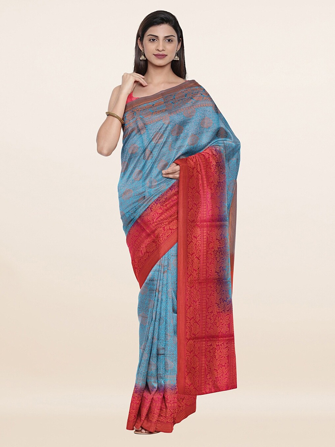 

Pothys Blue & Red Floral Art Silk Banarasi Saree