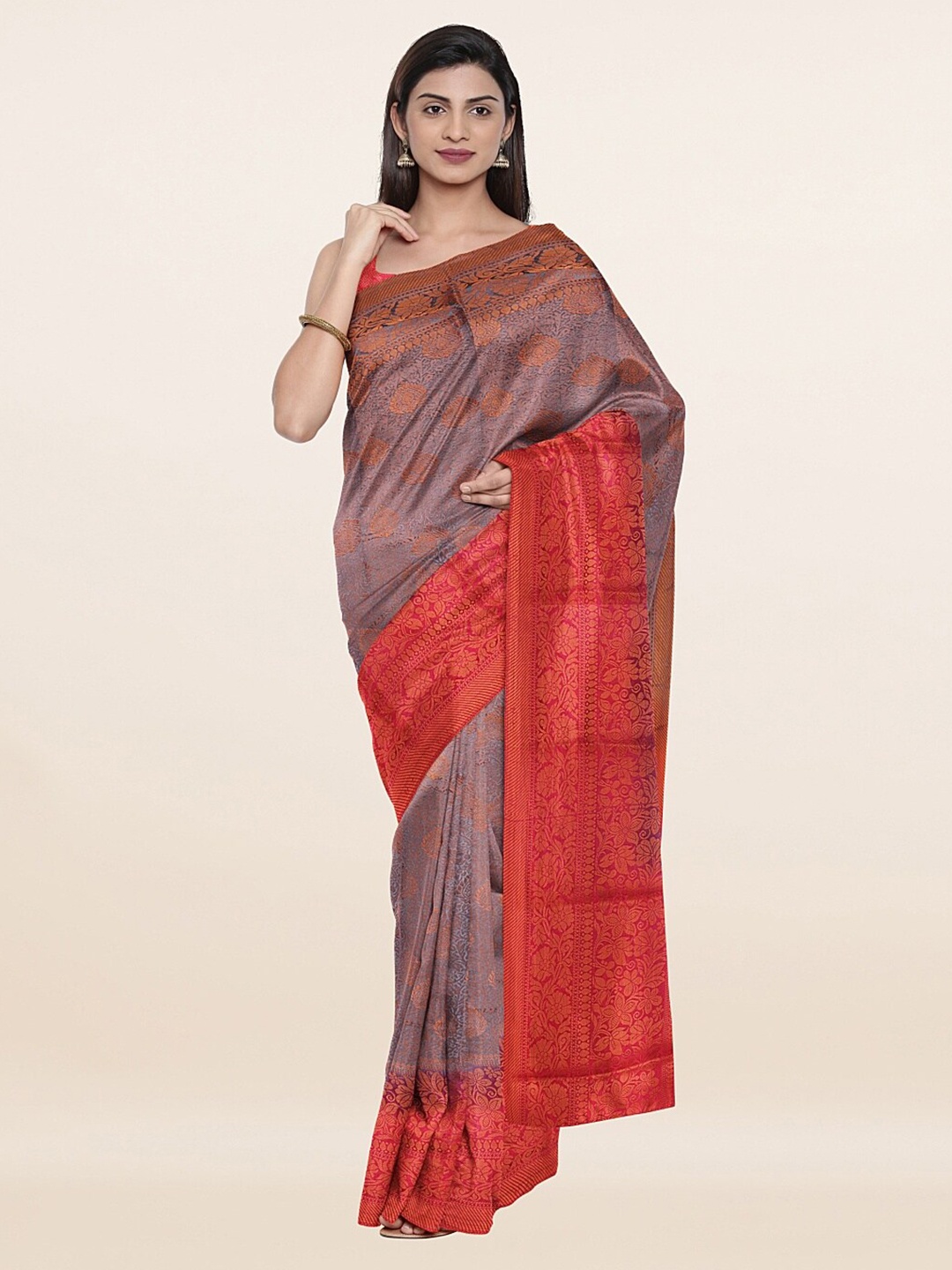 

Pothys Grey & Gold-Toned Woven Design Zari Art Silk Saree