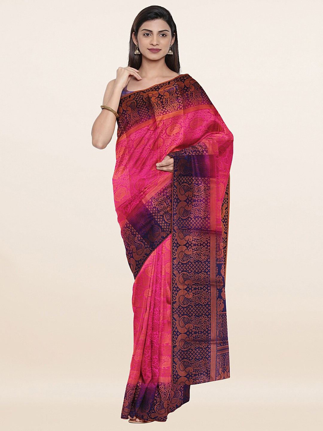 

Pothys Magenta & Navy Blue Ethnic Motifs Zari Art Silk Banarasi Saree