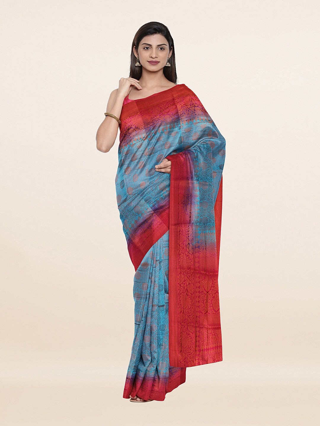 

Pothys Blue & Red Ethnic Motifs Art Silk Banarasi Saree