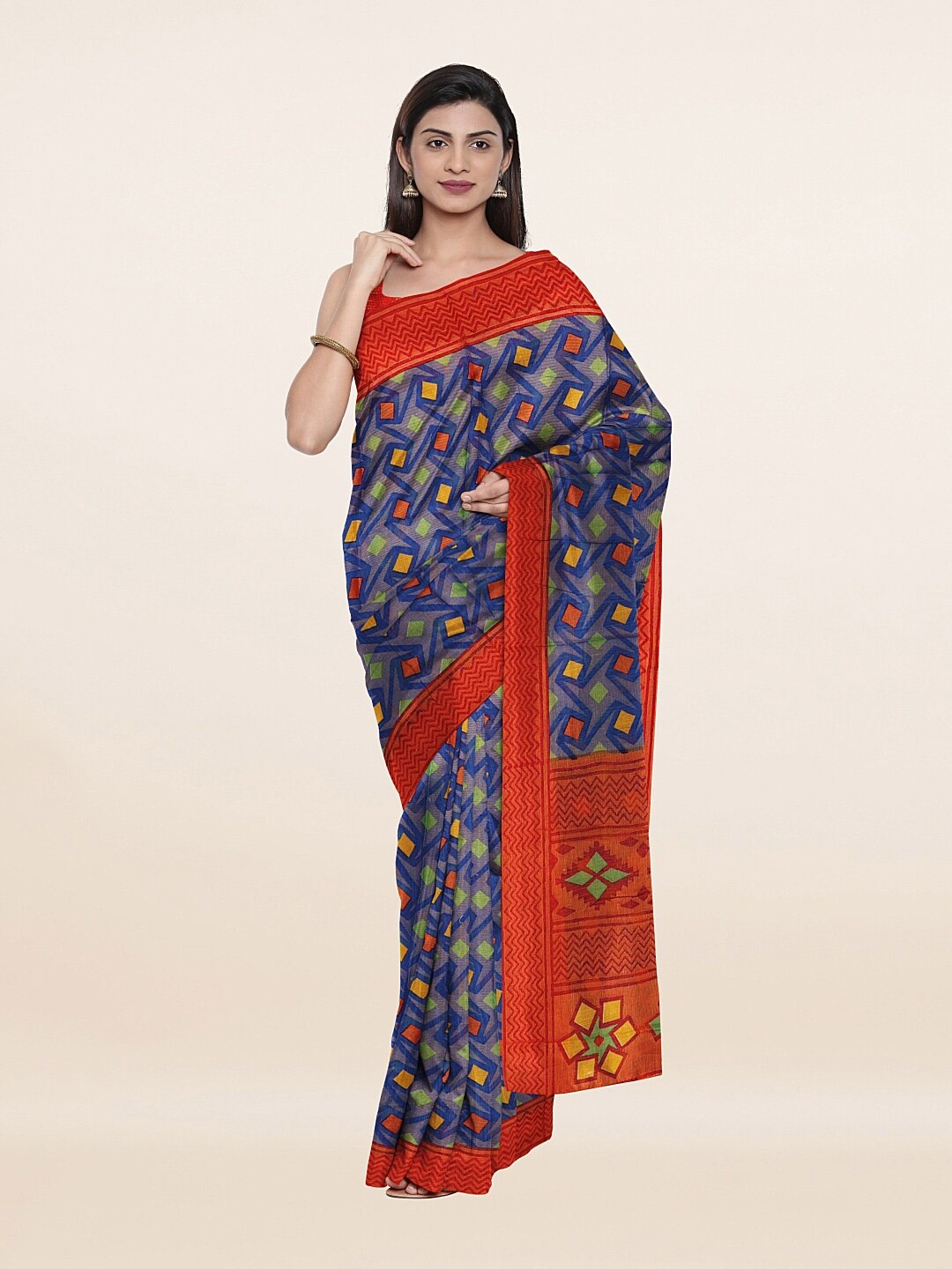 

Pothys Blue & Red Geometric Printed Saree
